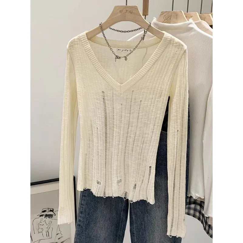 Territory Coquett Y2K Women's Knit Sweater Hollow Out Knitwear V Neck Pullovers Spring See Through Jumper Harajuku Fashion Grunge