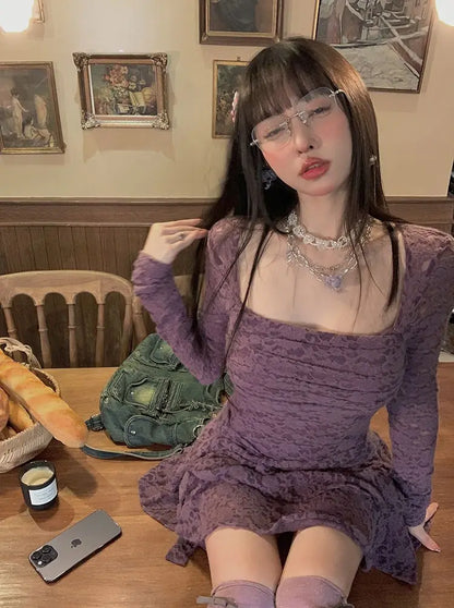 Territory Harajuku Gothic Black Lace Dress Women Vintage Y2k Sexy Purple Mini Dress Bodycon Elegant Party Dresses Korean Aesthetic