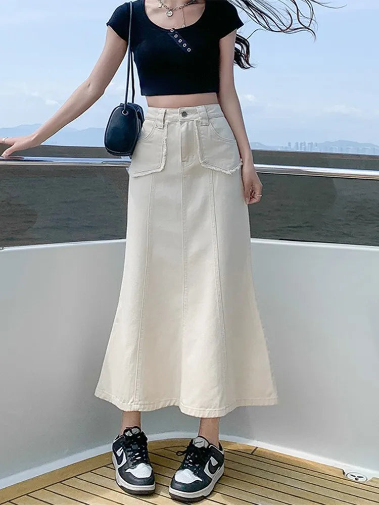 Territory Denim Skirts Womens Summer Casual High Waisted Pocket Midi Skirt Ladies Korean Fashion Mermaid Skirt Female