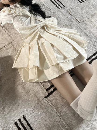 Territory Kawaii Lolita Skirt Women Japanese Fashion High Waist A-line Bow Bandage Vintage Mini Ruffles Suspender Skirt Summer