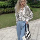 Territory New Retro Sweet Cool Tie-dye Knitted Cardigan Female Fall Korean Fashion Streetwear Loose Sweater Short Y2K Tops Women Clothing