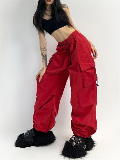 Territory Cyber Y2K Red Parachute Pants Women Kpop Streetwear Gray Cargo Trousers Oversized Egirl Punk Black Wide Leg Pantalones