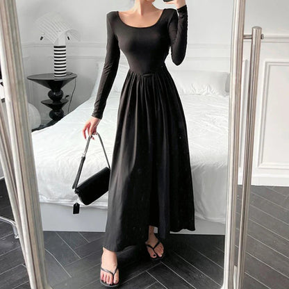 Territory  Hepburn Style Fashion Elegant Women A Line Dress Summer Elastic Slim Long Sleeve Midi Dress High Waist O Neck Pleated Dress