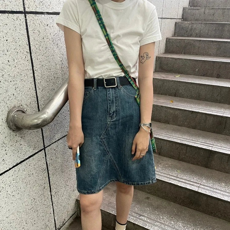 Territory Harajuku Washed Vintage Blue Denim Skirts Spring New High Waist Skirt for Women Y2k E-Girl Mid-length A-line Faldas Mujer