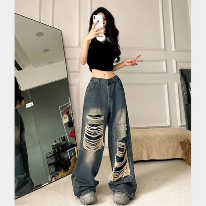 Territory Hole Women Jeans Y2K Autumn Fashion High Waist Hip Hop Loose Streetwear Wide Leg Trousers Korean Hip Hop Straight Denim Pants