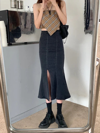 Territory Black Denim Long Skirt Women Vintage High Waist Split Bodycon Ruffles Pencil Mermaid Midi Skirt Summer Japanese Fashion