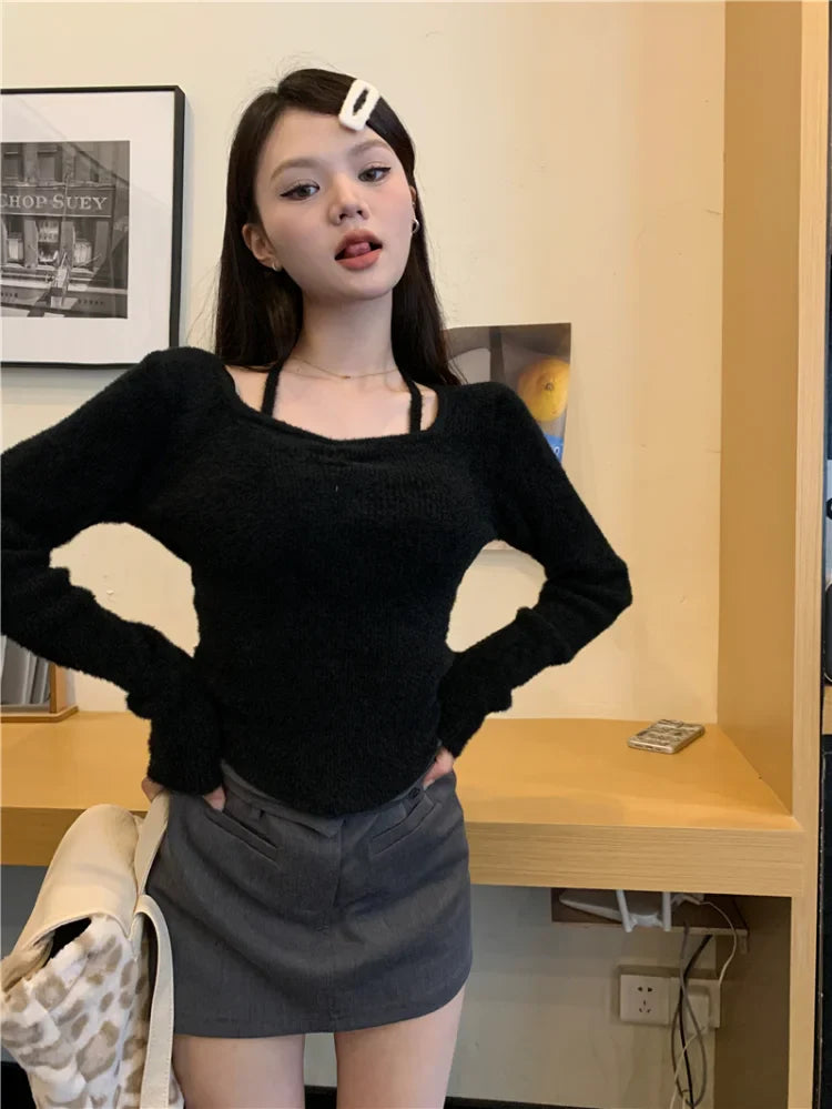 Territory Harajuku Solid Cropped Knitted Sweater Women 2024 Spring Autumn Square Collar Long Sleeve Y2k Korean Tight Slim-fit Jumper Tops