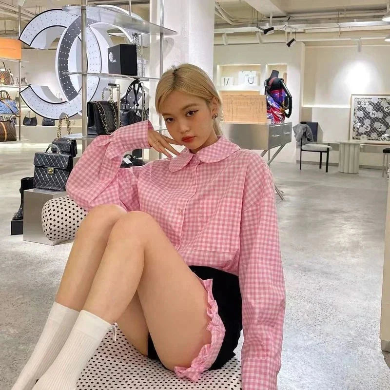 Territory Harajuku Sweet Plaid Dress Women Pink Ruffles Mini Shirt Dresses Korean Vintage Streetwear Long Sleeve Casual Vestidos