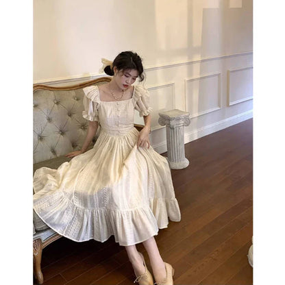 Territory Elegant Square Collar White Dress Summer Fashion Puff Sleeve Ruffle Dress for Women 2024 Chic Vintage Maxi Dresses 2024  New