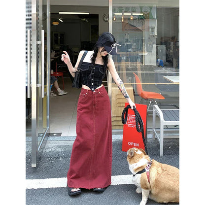 Territory S-3Xl Vintage Slit Denim Midi Skirts Women Y2K Red High Waist Wrap Jean Skirt Summer Korean Sexy Split Slim A Line Faldas