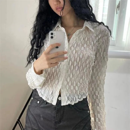 Territory  Vintage Y2K White Transparent Women Shirts Coquette Long Sleeve See Through Blouse Korean Fashion Summer Slim Harajuku