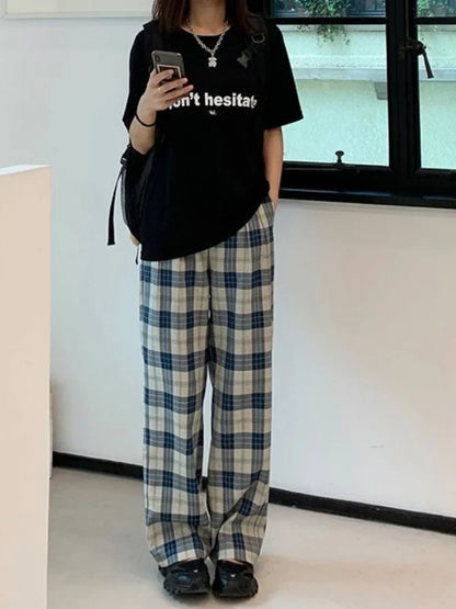 Territory Harajuku Plaid Pants Women Casual Wide Vintage Korean Style White Checked Trouser Thin Home Pants Chic Female Streetwear