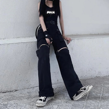 Territory Gothic Techwear Emo Black Cargo Pants Women Punk Oversize Hollow Out Wide Leg Pocket Trousers for Female Goth Hip Hop