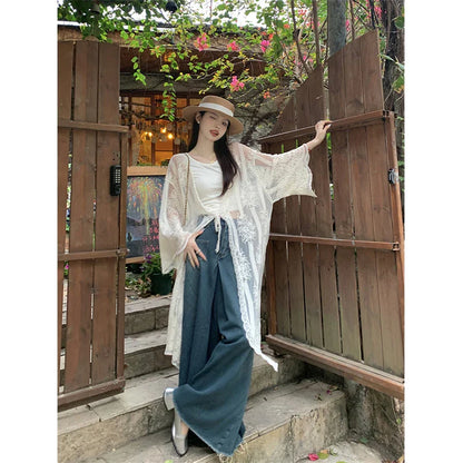 Territory Lace Embroidery Midi Shirts Women Vintage Long Sleeve Bandage Blouses Summer Vacation Beach Korean Sunscreen Cardigan Tops