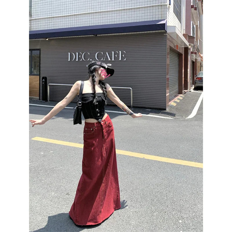 Territory S-3Xl Vintage Slit Denim Midi Skirts Women Y2K Red High Waist Wrap Jean Skirt Summer Korean Sexy Split Slim A Line Faldas