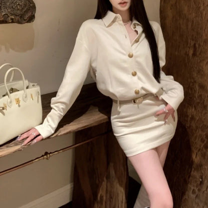 Territory Polo Collar Multi-button Loose Casual Long-sleeved Dress Women 2024 Spring New Korean Solid Color All Match Mini Dress with Belt