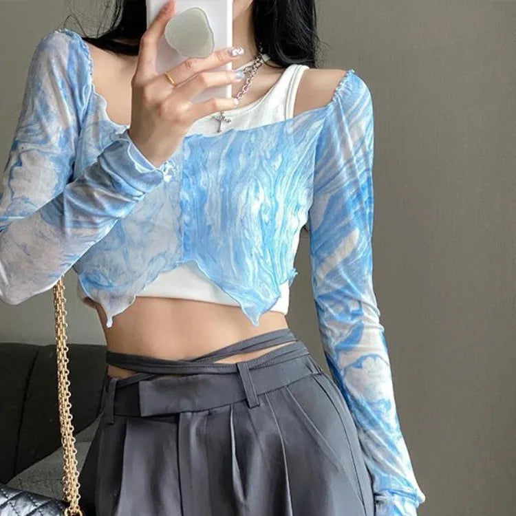 Territory American Tie Dye Print Off Shoulder T-shirts Y2k Sexy Crop Top Slim Fit Tops Women 2024 Summer Thin Mesh Long Sleeve Tee Shirt