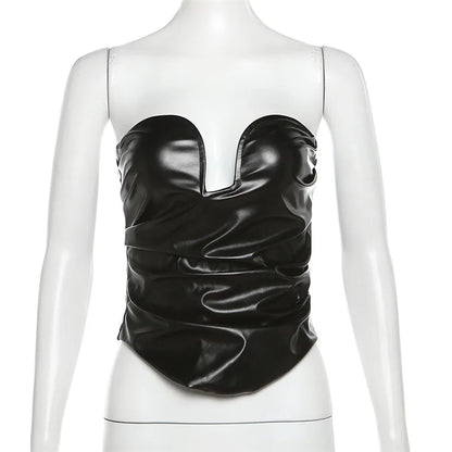 Territory PU Leather Black Sexy Tops Women Club Wear Strapless Low Cut Busiter Asymmetrical Ruched Backless Tube Top