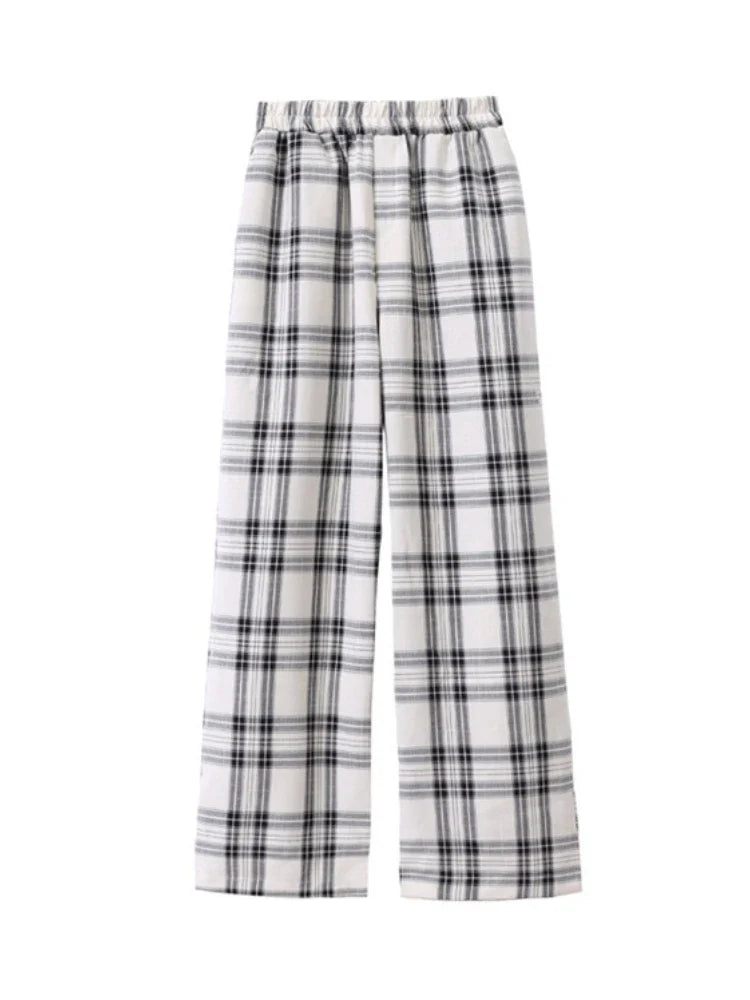 Territory Harajuku Plaid Pants Women Casual Wide Vintage Korean Style White Checked Trouser Thin Home Pants Chic Female Streetwear