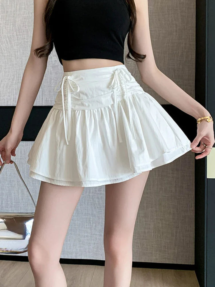 Territory Fashion All Match Skirts Solid Color Bow Draw String Ruffles Patchwork High Waist Mini Skirt Summer Female Slim Women's Clothing