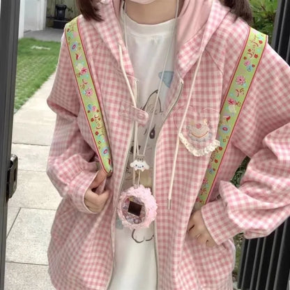 Territory Harajuku Sweet Pink Plaid Sweatshirts 2024 Spring New Hoodie Tops Mujer Y2k E-Girl Long Sleeve Zipper Cardigan Coat Women