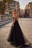 Territory 2024 Elegant Black Tulle Evening Dresses With Slit A-Line Spaghetti Zippper Back Sweep Train Prom Dress Party Dresses for Women