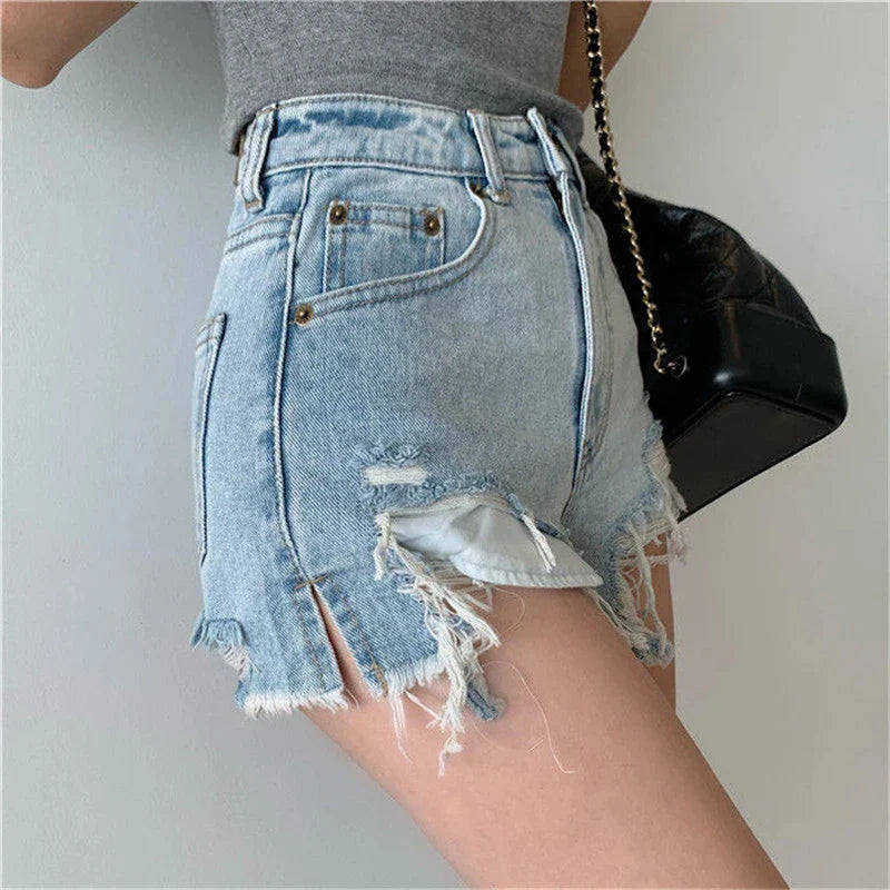 Territory Hole Denim Shorts Women Y2K Frayed Tassel Jean Shorts Summer Streetwear Korean High Waist Slit Slim Casual Hot Pants New