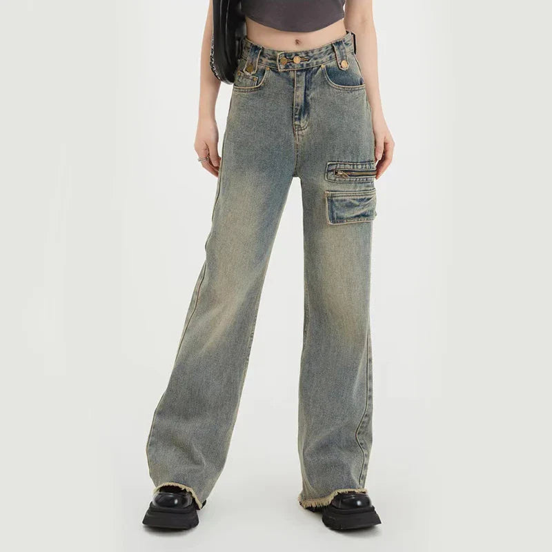 Territory High Waist Woman Wide Leg Jeans Y2K Hip Hop Streetwear Loose Straight Trousers Retro Korean Zipper All Match Denim Pants