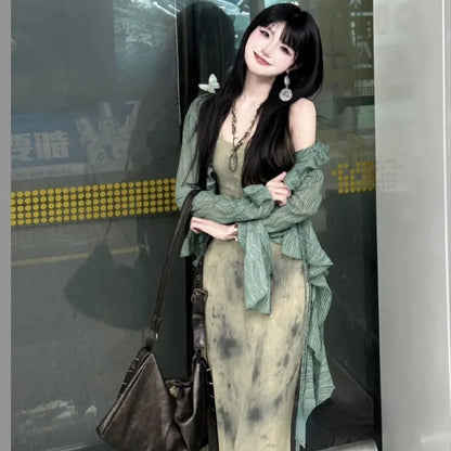 Territory New Chinese Style Halo Dyeing Slim Fit Camisole Dresses+ Y2k Ruffles Long Sleeve Green Cardigan Spring  Two Piece Sets