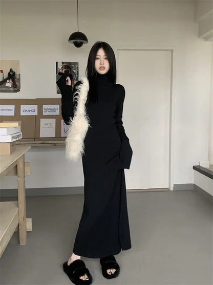 Territory Korean Style Knitted Dress Women Turtleneck Long Sleeve Maxi Dress Casual Elegant Black Bodycon Dress Female Winter