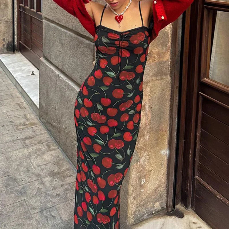 Territory Hot Summer Slim Maxi Suspender Dress For Women Flower Print Lace Up Sleeveless Plunge Female Beach Vacation Dress Elegant