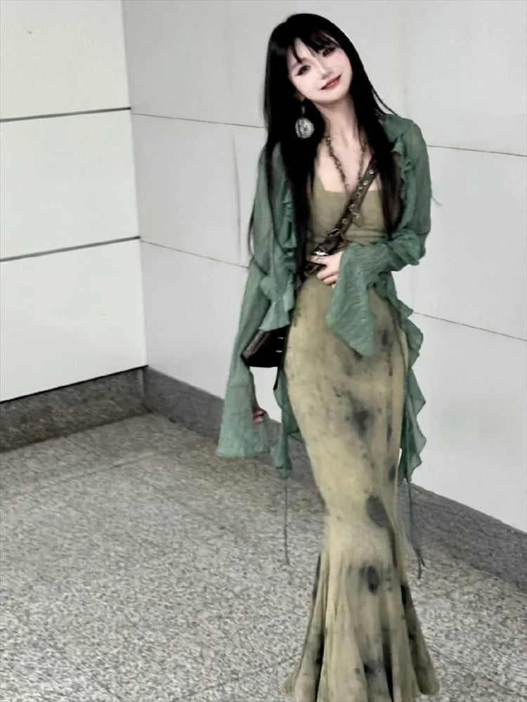 Territory New Chinese Style Halo Dyeing Slim Fit Camisole Dresses+ Y2k Ruffles Long Sleeve Green Cardigan Spring  Two Piece Sets