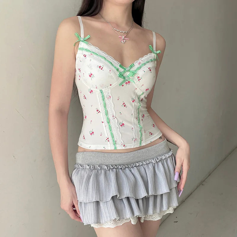 Territory Floral Print Camis Sweet Lace Stitching Sleeveless Slim-fitting Cropped Top Y2k Aesthetic Ladies Summer Kawaii Tees