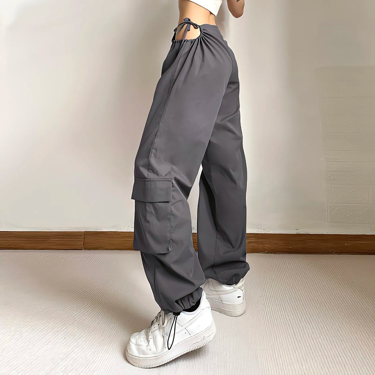 Territory Grey Cargo Pants Woman American Style Summer Drawstring The Pocket Casual Trousers Design Sense Streetwear Wide Leg Sweatpants