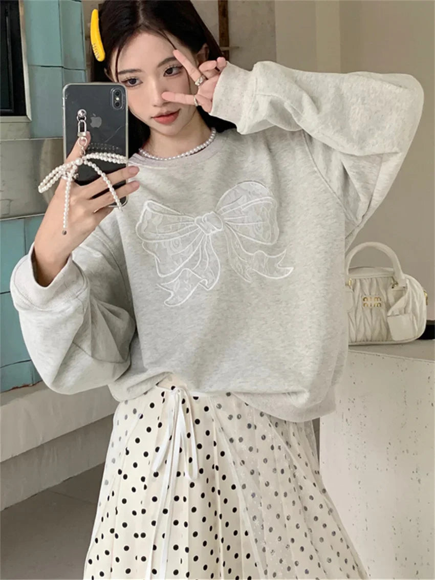 Territory Oversize Sweatshirts Women Grey Chic Casual New All Match 2024 Polka Dots Maxi Skirts Daily Office Lady Spring