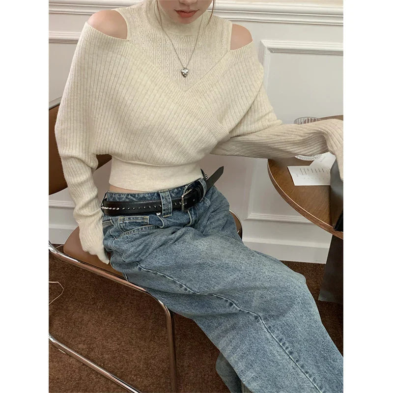 Territory Cropped Irregular Sweater Women Sexy Off Shoulder Knitted Pullovers Korean Fashion Jumpers Winter Streetwear Slim Knitwear