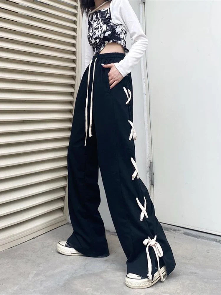 Territory Harajuku High Waist Women Bandage Wide Leg Pant Korean Loose Streetwear Trousers Fashion Hip Hop Student Casual Pants New