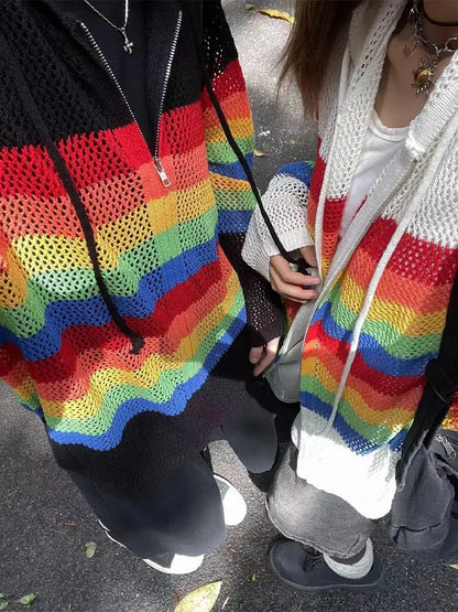 Territory Harajuku Y2k Knitted Cardigans Women See Through Oversized Hollow Out Striped Crochet Top Sweaters Aesthetic Streetwear