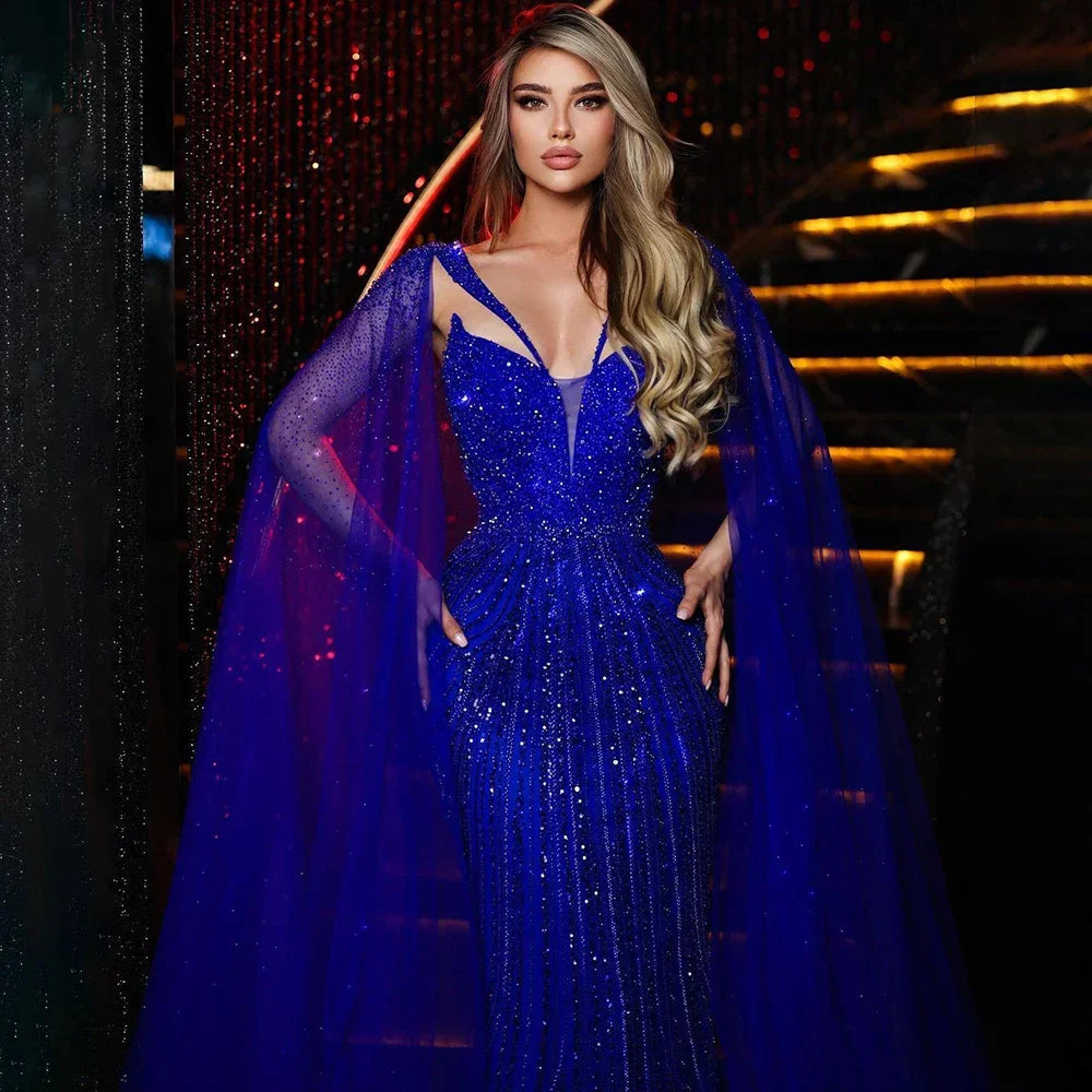 Territory Arabic blue Mermaid Elegant Cape Sleeves Luxury Evening Dresses Gowns 2024 Beaded For Women Wedding Party