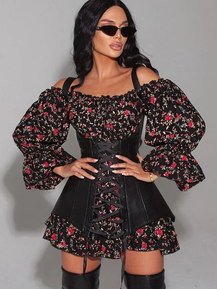 Territory  Summer Women France Mini Off-Shoulder Dress Long Sleeve Floral Printed A-Line Flare Corset Dress