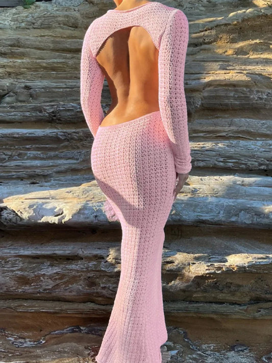 Territory Elegant Woman Pink Hollow Out Backless Sweater Dress High Street Ladies Sexy High Waist Bodycon Knitted Long Dresses Streetwear