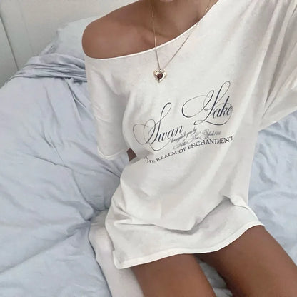 Territory Letter Print Graphic T Shirts White Oversized One Shoulder Tops Womens Summer Fashion Clothing