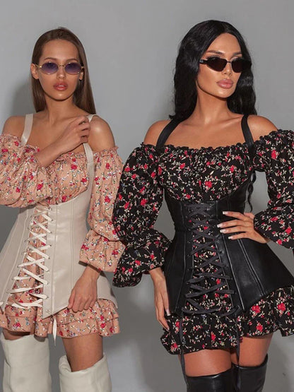 Territory  Summer Women France Mini Off-Shoulder Dress Long Sleeve Floral Printed A-Line Flare Corset Dress