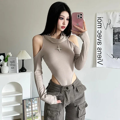 Territory khaki High Elastic Tight Sexy Hot Mature Beautiful Confident Youth Girl All-match Women's Autumn Hooded Jumpsuit