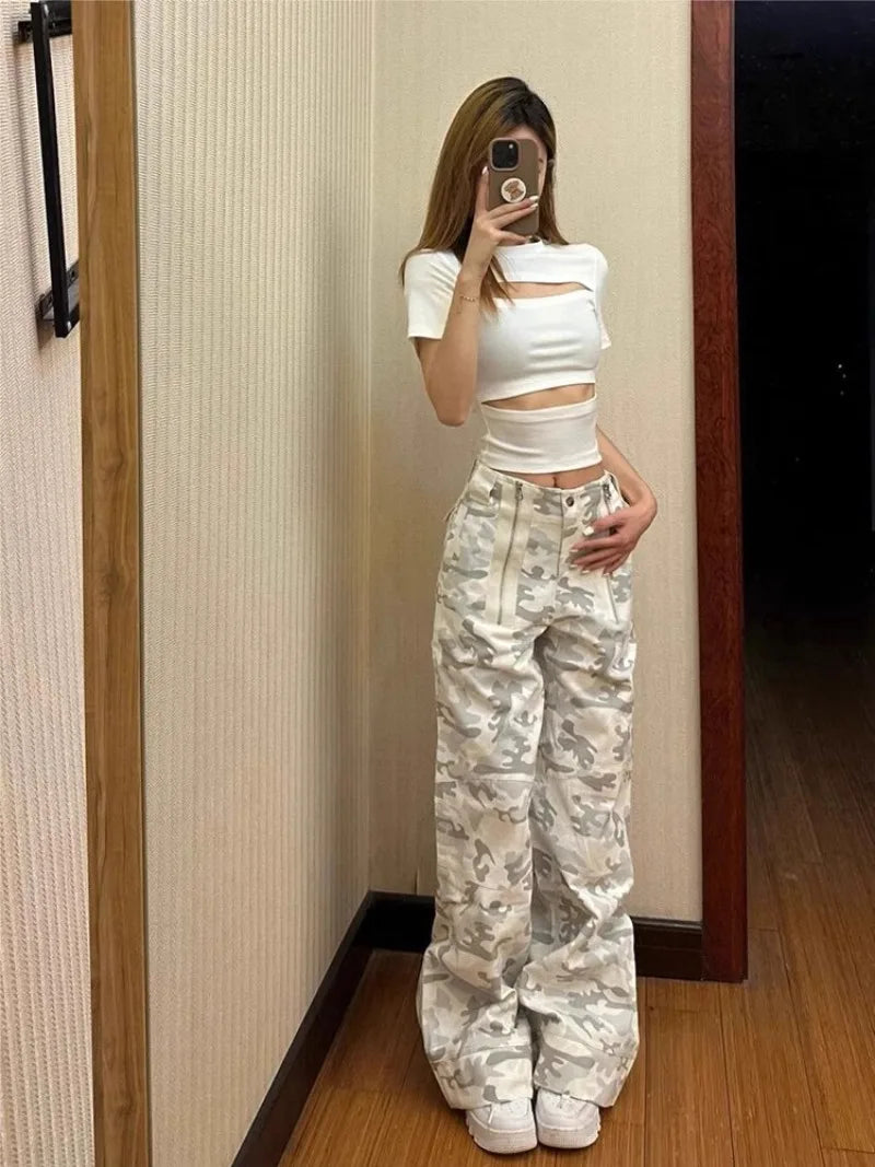 Territory American Retro Camouflage Cargo Pants Y2k E-Girl High Waist Straight Jeans for Women 2024 Sumemr New Loose Wide Leg