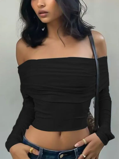 Territory Elegant Off Shoulder Crop T Shirts Women Sexy Slim Coquette Tops 2024 New Casual Y2k White Black Chic Long Sleeve Tees