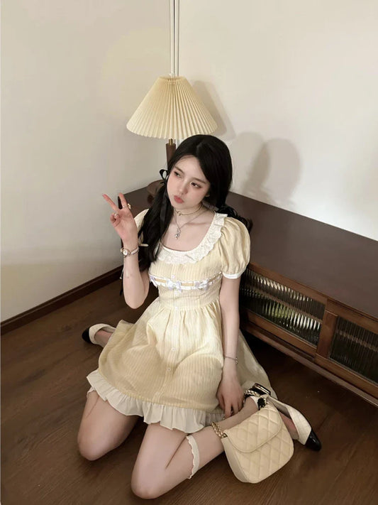 Territory Cute Kawaii Fairy Mini Yellow Dress Women Japanese Y2k Ruffles Puff Sleeve Tunic School Dresses Sweet Lolita Vestidos