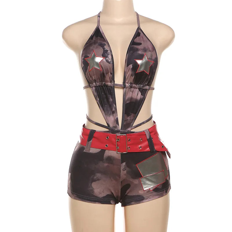 Territory Camouflage Print Backless Short Rompers Sexy One Piece Rave Outfits Buckle Belted Halter Jumpsuit Woman 2024 Coquettish