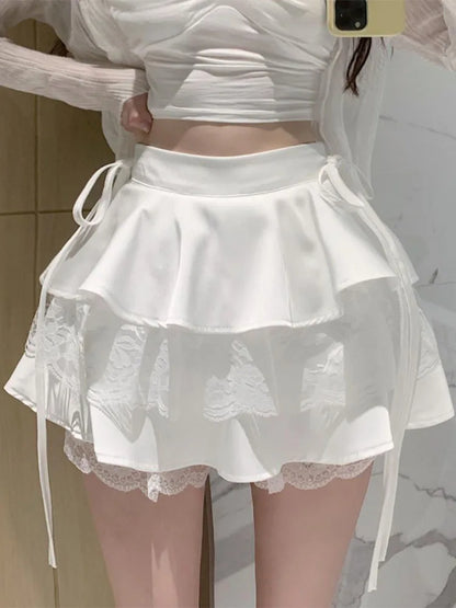 Territory Kawaii White Ruffle Mini Skirt Women Korean Fashion Cute Short Skirt Lady Summer Bandage Lace Double-layer High Waist Sexy Skirt