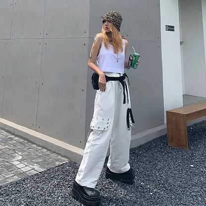 Territory Gothic Techwear Black Cargo Pants Women Punk Chain Pockets White Wide Leg Trousers Female Harajuku Streetwear Mall Goth